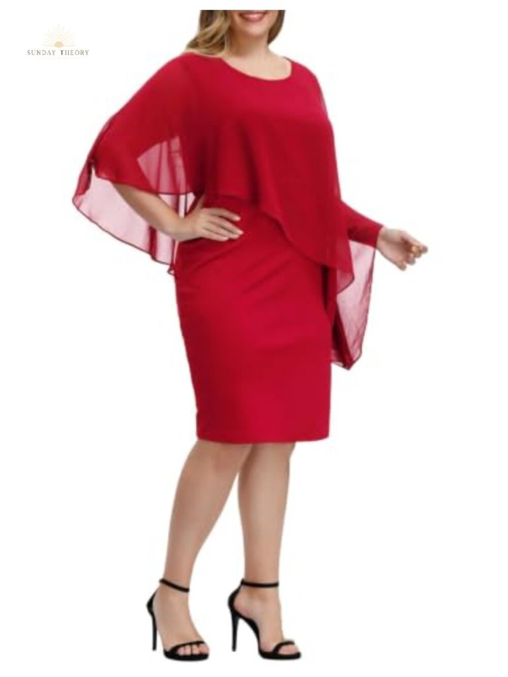 Sleeveless Cape Midi Dress with Chiffon Overlay Bodycon Pencil